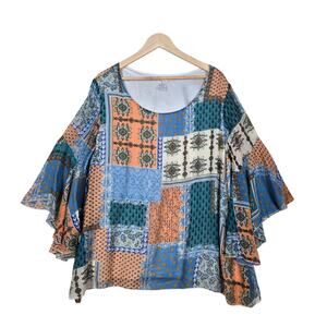 Paisley Vine Tunic Top sz 2XL Multicolor Paisley Floral Mixed Print Bell Sleeve